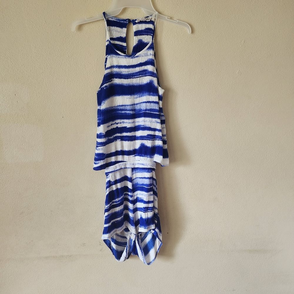 Olive Oak Blue White TIe Dye Romper S Coastal Beach Resort Cutout Back Festival